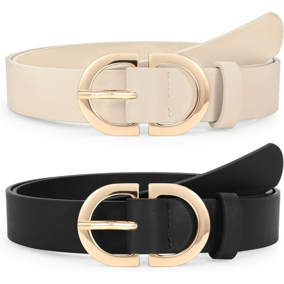 2 Pack Women Leather Belts Plus Size for Jeans Pants Fashion Dresses Ladies Belt with Gold Buckle