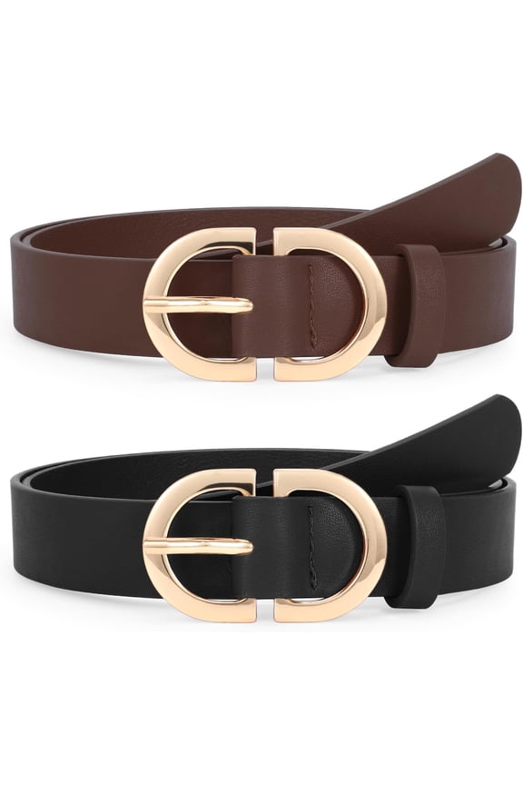 2 Pack Women Leather Belts Plus Size for Jeans Pants Fashion Dresses Ladies Belt with Gold Buckle