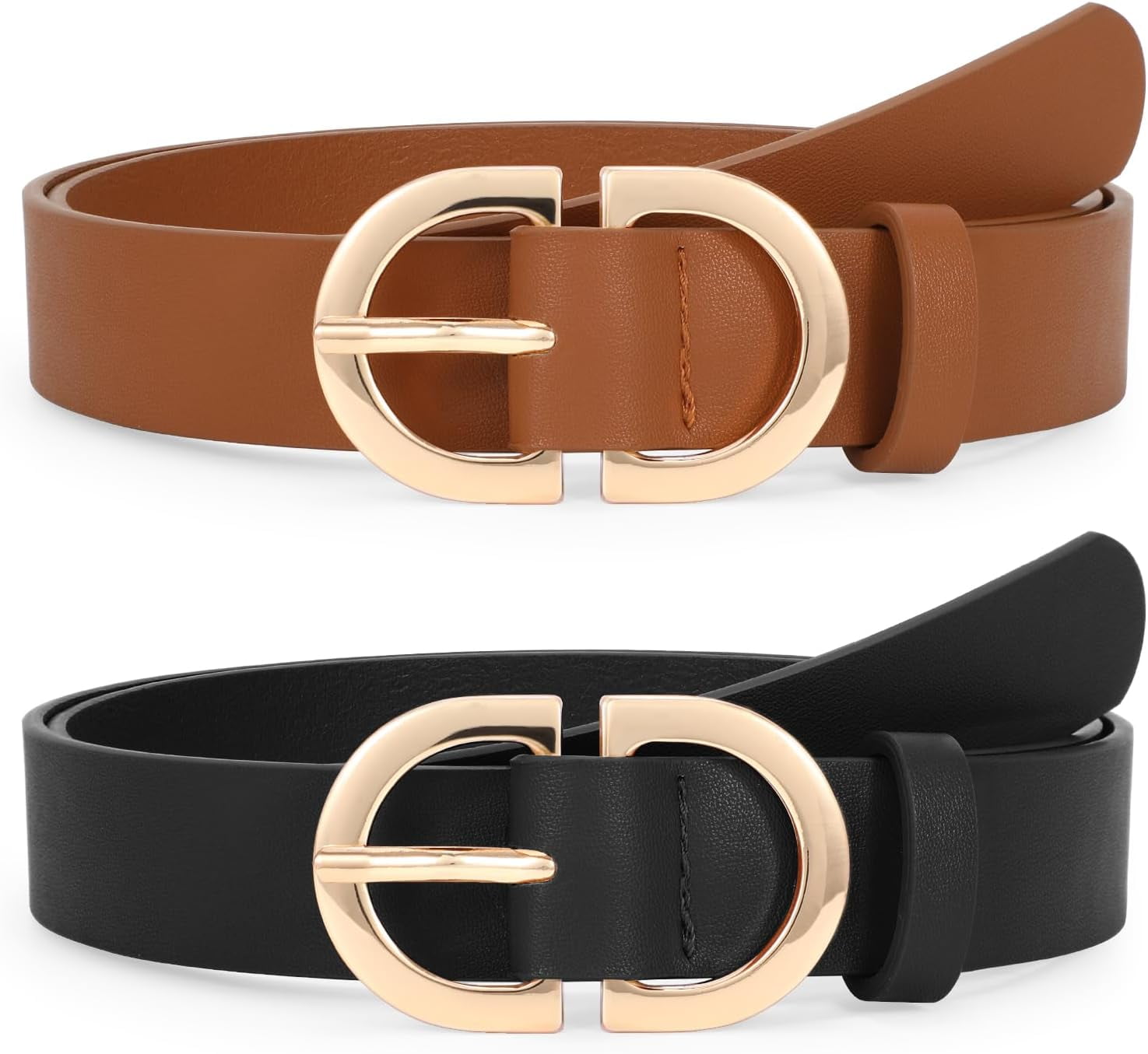 2 Pack Faux Leather Belts for Jeans Dresses Gold Buckle Ladies Belt MORELESS 2 Pack Thin Belts for Women Jeans Dress Skinny  main image 4