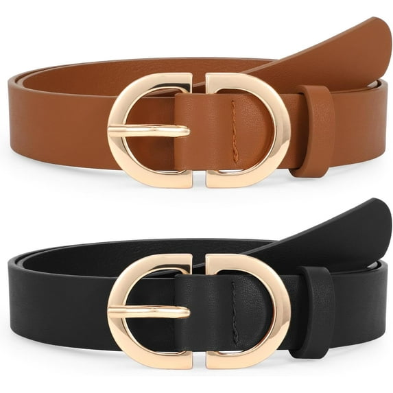 2 Pack Women Leather Belts Plus Size for Jeans Pants Fashion Dresses Ladies Belt with Gold Buckle