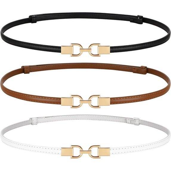 2 Pack Women Leather Skinny Belt for Dress Jeans Adjustable Thin Waist Belt with Gold Buckle