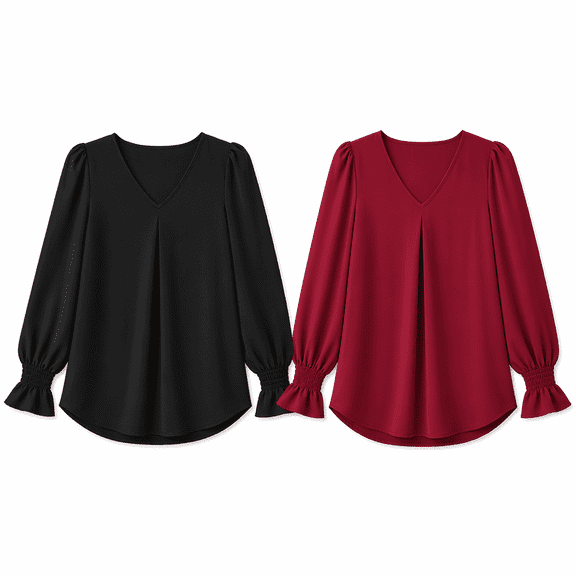 2 Pack Women Polyester Chiffon Blouses, V Neck Pullover Long Sleeve Flared Cuff Casual Shirts