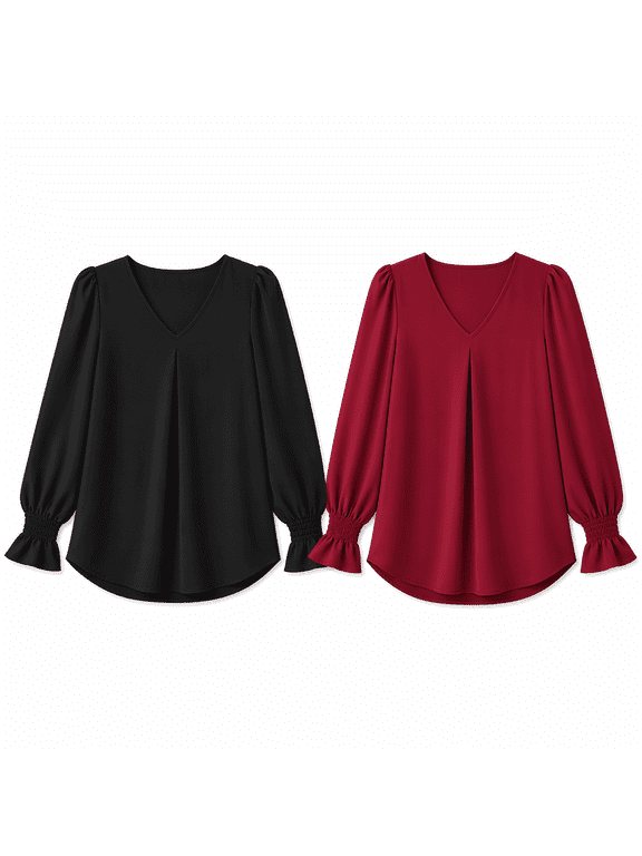 2 Pack Women Polyester Chiffon Blouses, V Neck Pullover Long Sleeve Flared Cuff Casual Shirts