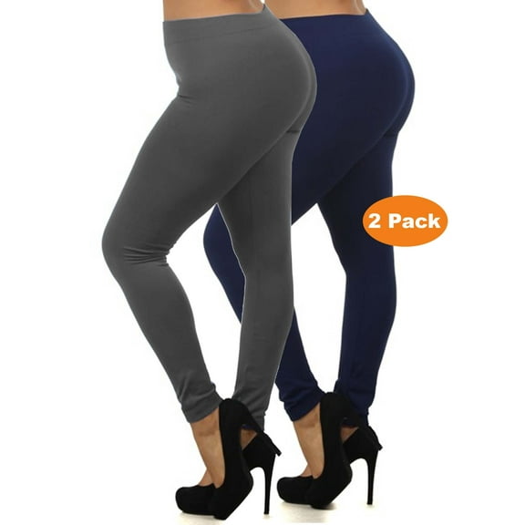 2 Pack Women Queen Size Warm Fleece Lined Full Length Leggings Plus Size (L/1X/2X)