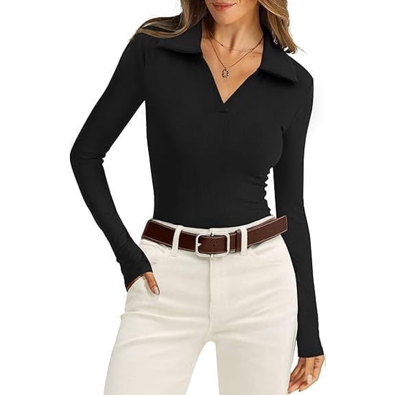 2 Pack Women Ribbed Knit Long Sleeve Polo Tops, Polyester Collared V Neck Slim Fit Casual Shirts