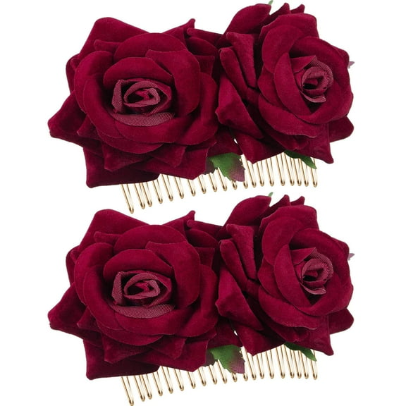 2 Pack Women Rose Flower Hair Clip Rose Side Combs Flamenco Flowers Day of The Dead Costumes Mexican Hair Accessories for Wedding Party Mother's Day(Dark Red)