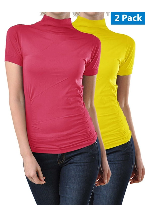 2 Pack Women Seamless Short Sleeve Mock Neck Turtleneck Blouse Top Tee Shirts