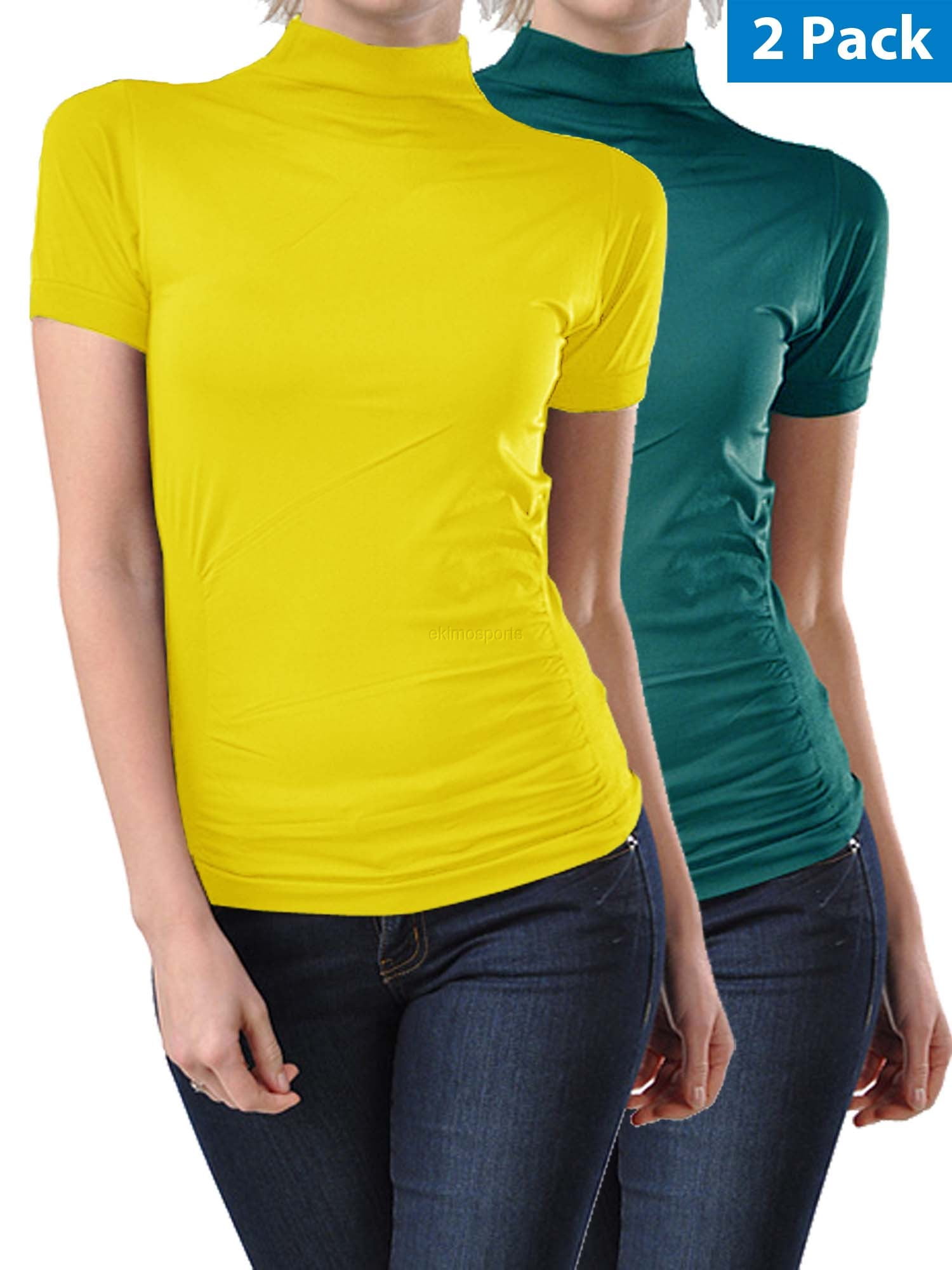 2 Pack Women Seamless Short Sleeve Mock Neck Turtleneck Blouse Top Tee  Shirts
