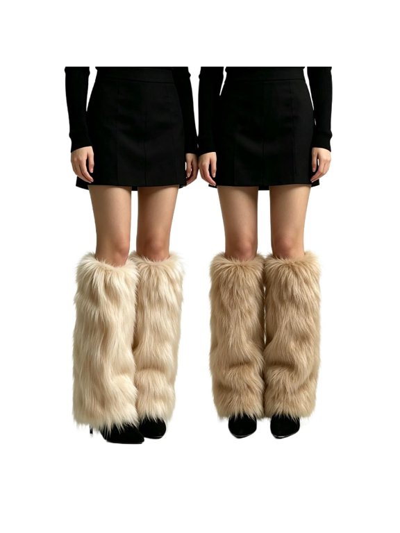 2‑Pack Women Shaggy Faux Fur Knee High Leg Warmers, Fluffy Long Fur Leg Cuffs, Y2K Winter Costume Accessory for Halloween Cosplay Rave Party