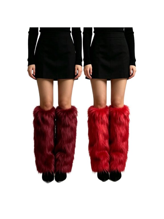 2‑Pack Women Shaggy Faux Fur Knee High Leg Warmers, Y2K Fluffy Long Fur Leg Cuffs for Halloween Cosplay Party Winter Costume Accessory