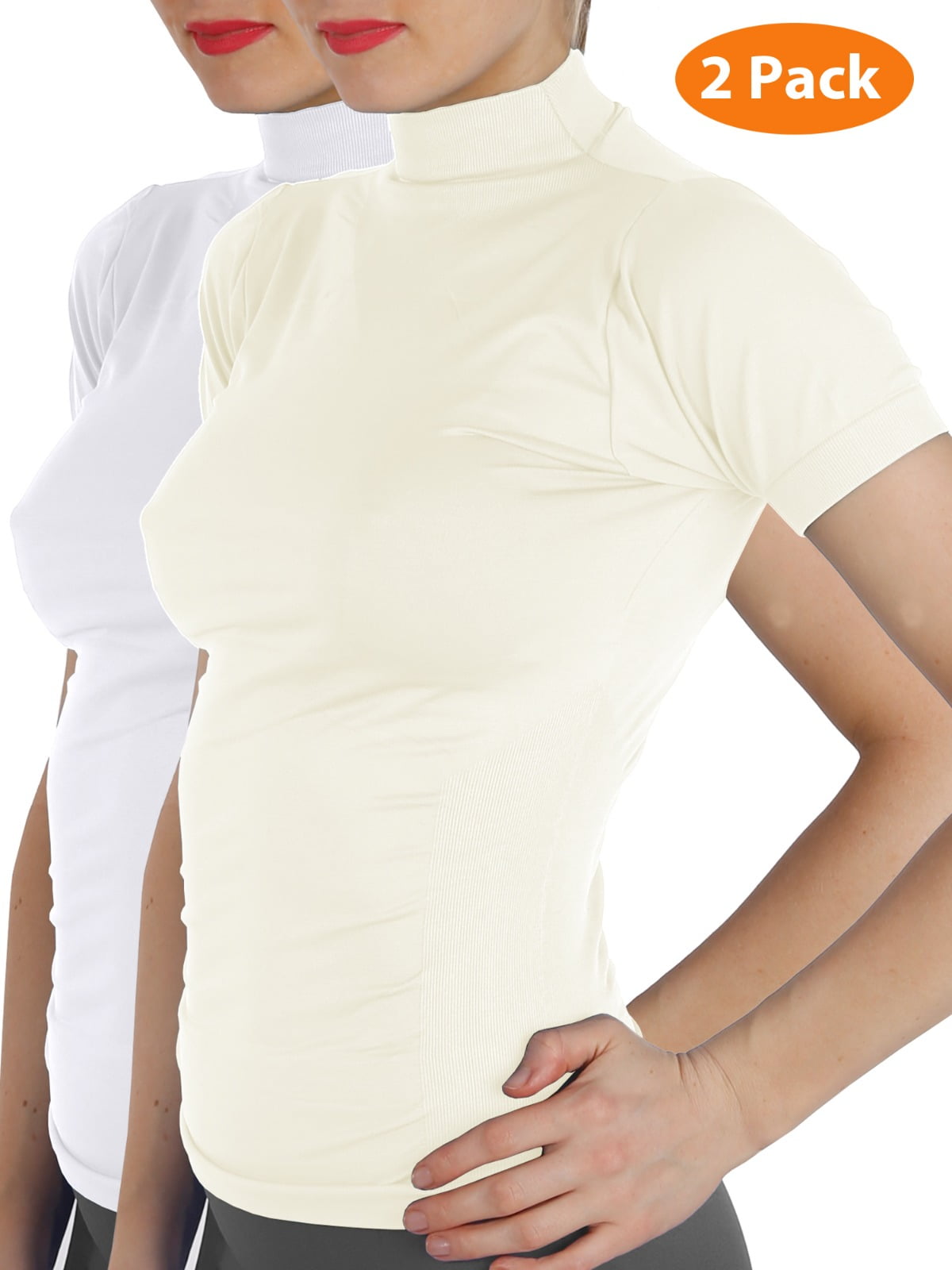 2 Pack Women Short Sleeves Mock Neck Turtleneck Shirts Stretchy Side Ribbed Slim Fit Tight Top