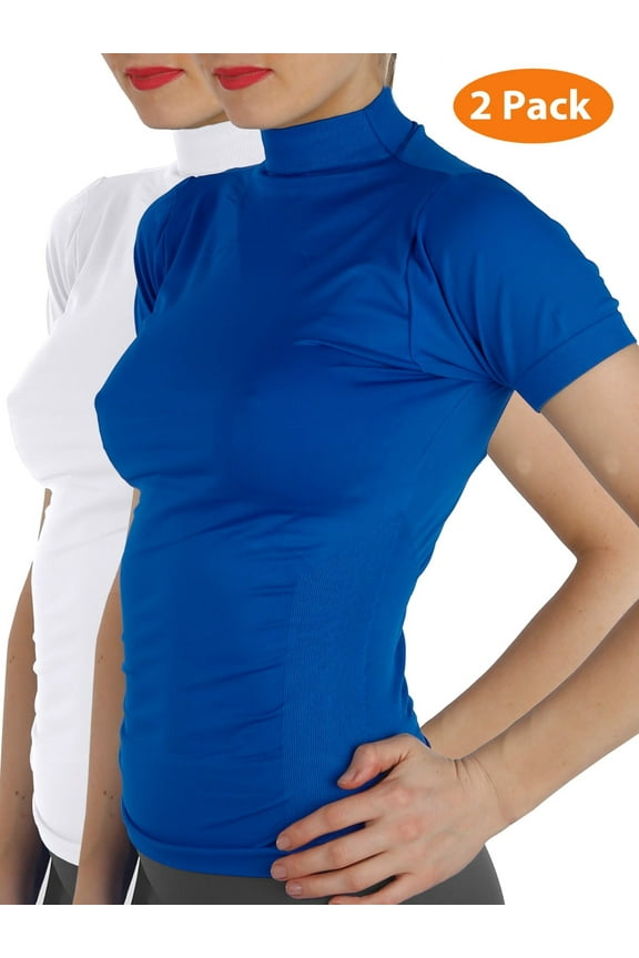 2 Pack Women Short Sleeves Mock Neck Turtleneck Shirts Stretchy Side Ribbed Slim Fit Tight Top