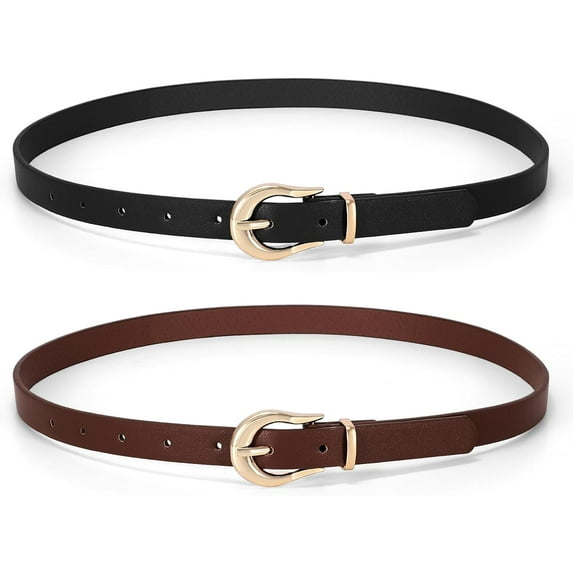 2 Pack Women Skinny Belt Thin Waist Belt with Fashion Gold Buckle for Pants Jeans Dresses