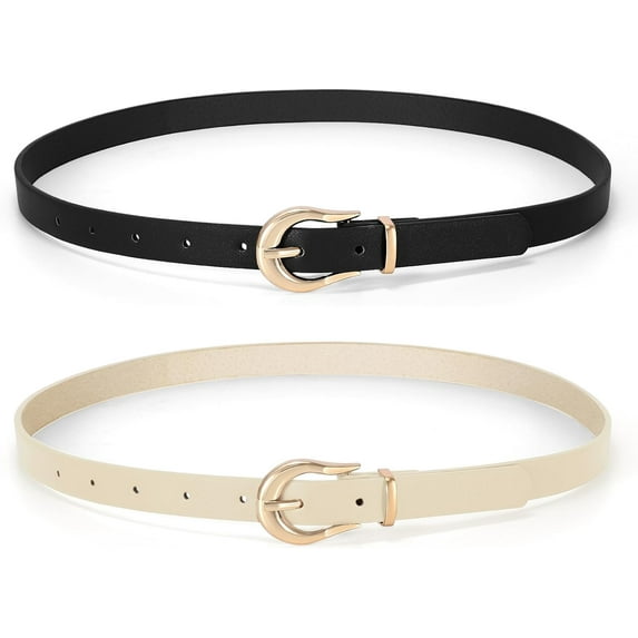 2 Pack Women Skinny Belt Thin Waist Belt with Fashion Gold Buckle for Pants Jeans Dresses