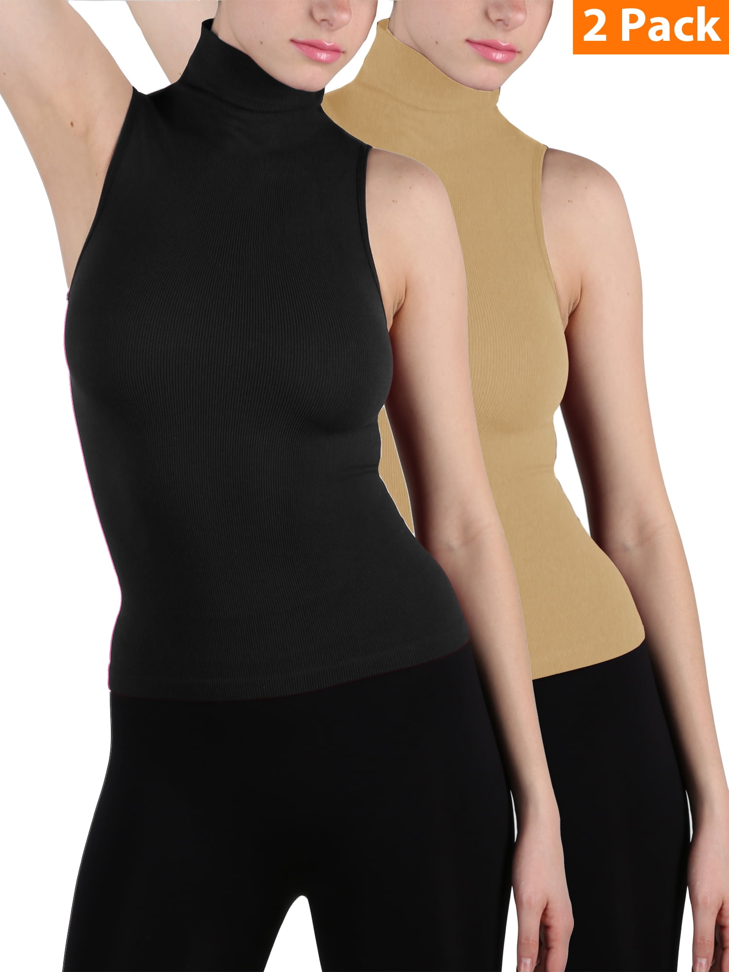 2 Pack Women Sleeveless Ribbed Mock Neck Turtleneck Shirt Slim Fitted Body Shape Tank Top