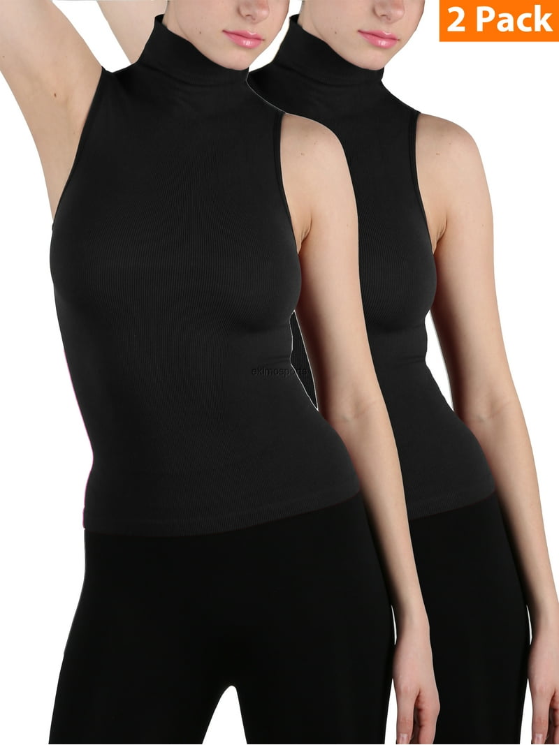 2-Pack Women Sleeveless Ribbed Mock Neck Turtleneck Shirt Slim