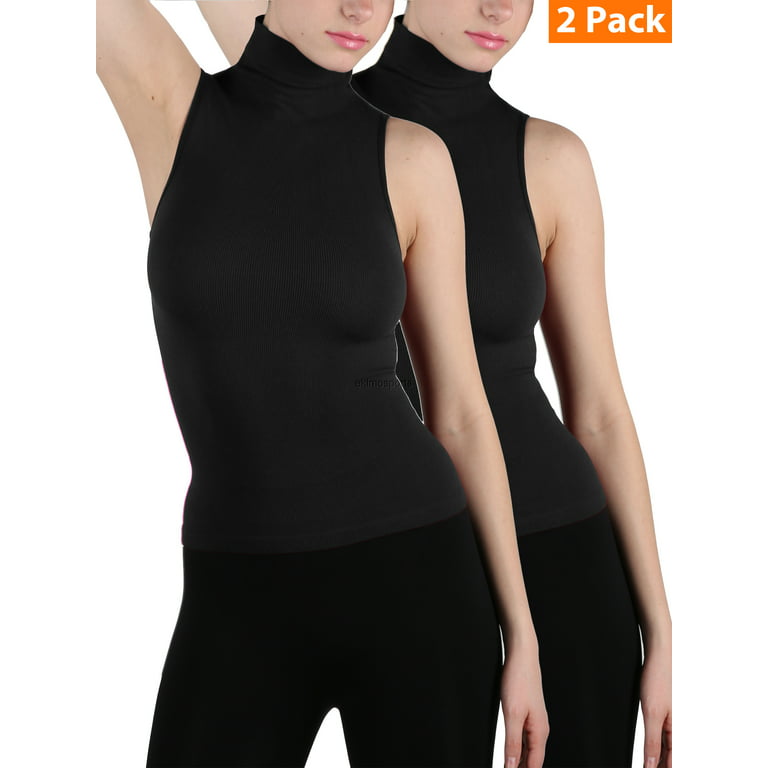 2-Pack Women Sleeveless Ribbed Mock Neck Turtleneck Shirt Slim Fitted Body  Shape Tank Top 