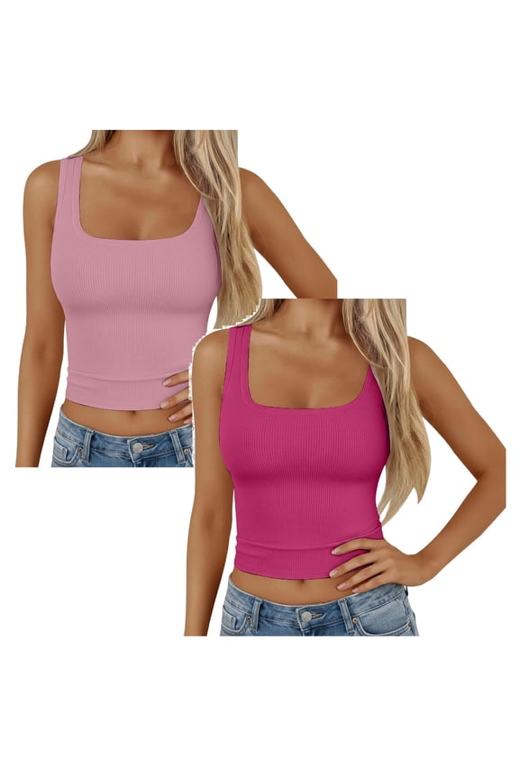 2 Pack Women Tank Tops Square Neck Fitted Tops 2026 Summer Basic Slim Sleeveless Shirts Casual Cute Travel Vacation Clothes