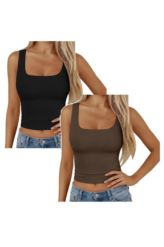 2 Pack Women Tank Tops Square Neck Fitted Tops 2026 Summer Basic Slim Sleeveless Shirts Casual Cute Travel Vacation Clothes