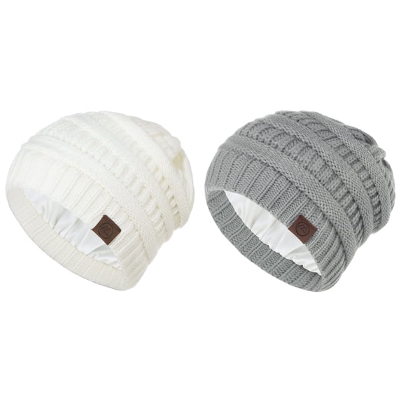 2 Pack Women Warm Beanies Cable Knit Skull Cap Soft Satin Lined Beanie Thick Winter Hat Beanie