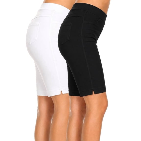 2 Pack Women's Knee Length Bermuda Shorts Pull On Elastic Waist Stretch Fit Side Slit Size S-3XL