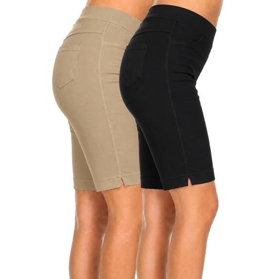 2 Pack Women's Knee Length Bermuda Shorts Pull On Elastic Waist Stretch Fit Side Slit Size S-3XL Plus Size Available