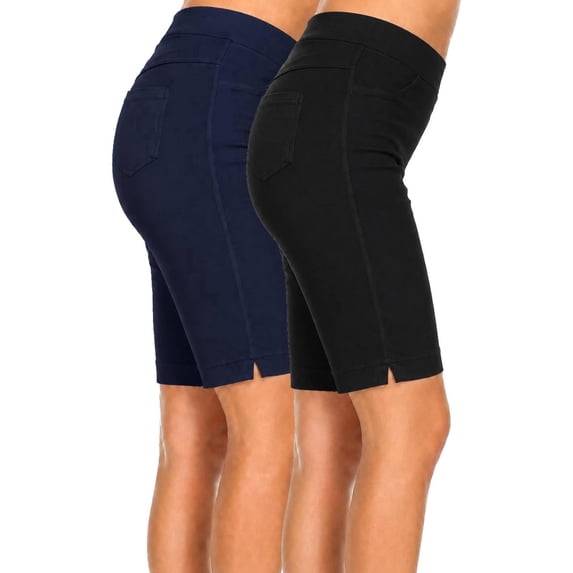 2 Pack Women's Knee Length Bermuda Shorts Pull On Elastic Waist Stretch Fit Side Slit Size S-3XL
