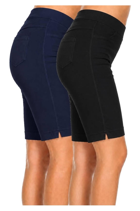 2 Pack Women's Knee Length Bermuda Shorts Pull On Elastic Waist Stretch Fit Side Slit Size S-3XL