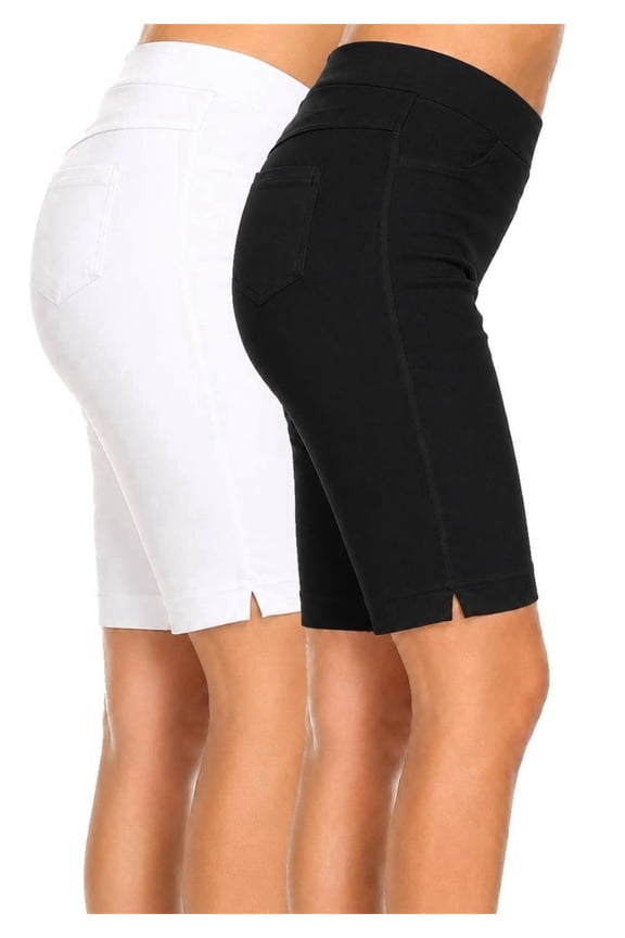 2 Pack Women's Knee Length Bermuda Shorts Pull On Elastic Waist Stretch Fit Side Slit Size S-3XL