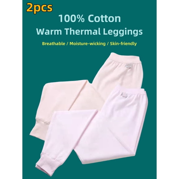2-Pack Women's 100% Cotton Thermal Leggings - Spring/Fall/Winter Casual Loungewear Pants, Soft Warm Indoor/Outdoor, Thin-Fit Stretch Skin-Friendly High-Waist Cold-Resistant