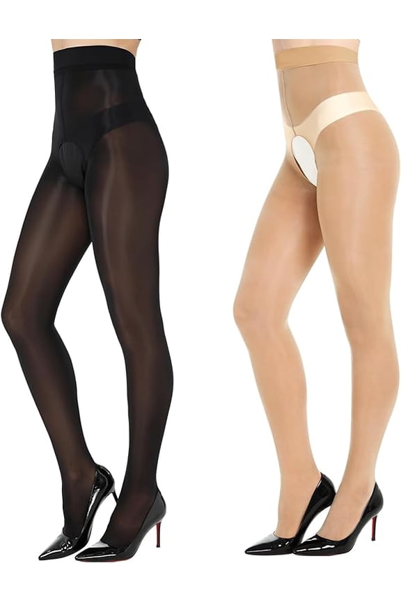 2-Pack Women's 15D Ultra Shiny Sheer Tights - Open Crotch Pantyhose with Control Top & Oil Gloss Finish