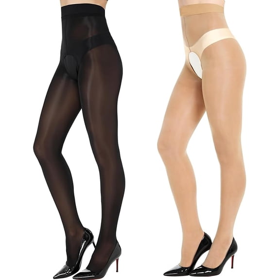 2-Pack Women's 15D Ultra Shiny Sheer Tights - Open Crotch Pantyhose with Control Top & Oil Gloss Finish