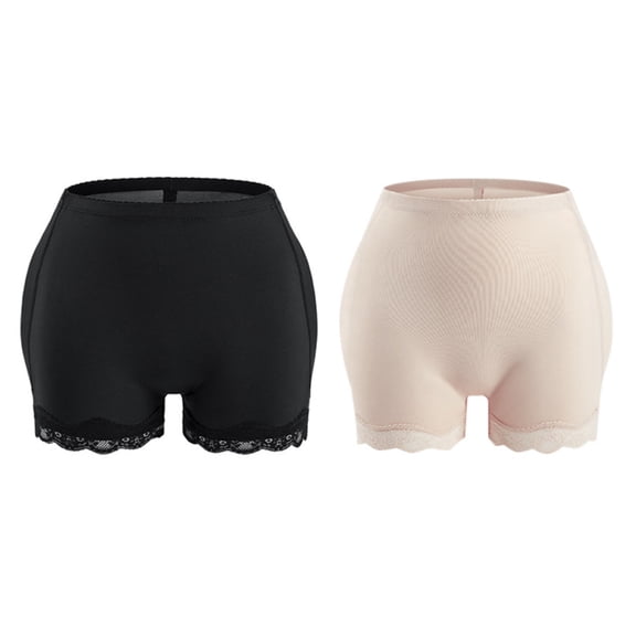 2 Pack Women's Butt Lifter Padded Lace Panties, Plus Size Seamless Hip Enahncer Body Shaper Boyshort Underwear, Black/Beige, L-6XL