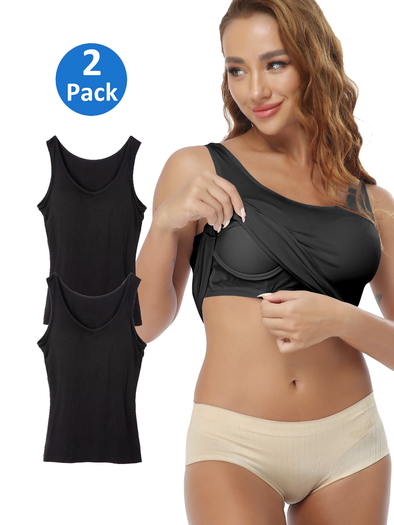 2 Pack Women's Camisole with Built in Bra Tank Tops for Layering Stretch Casual Undershirts Wider Strap Walmart.com