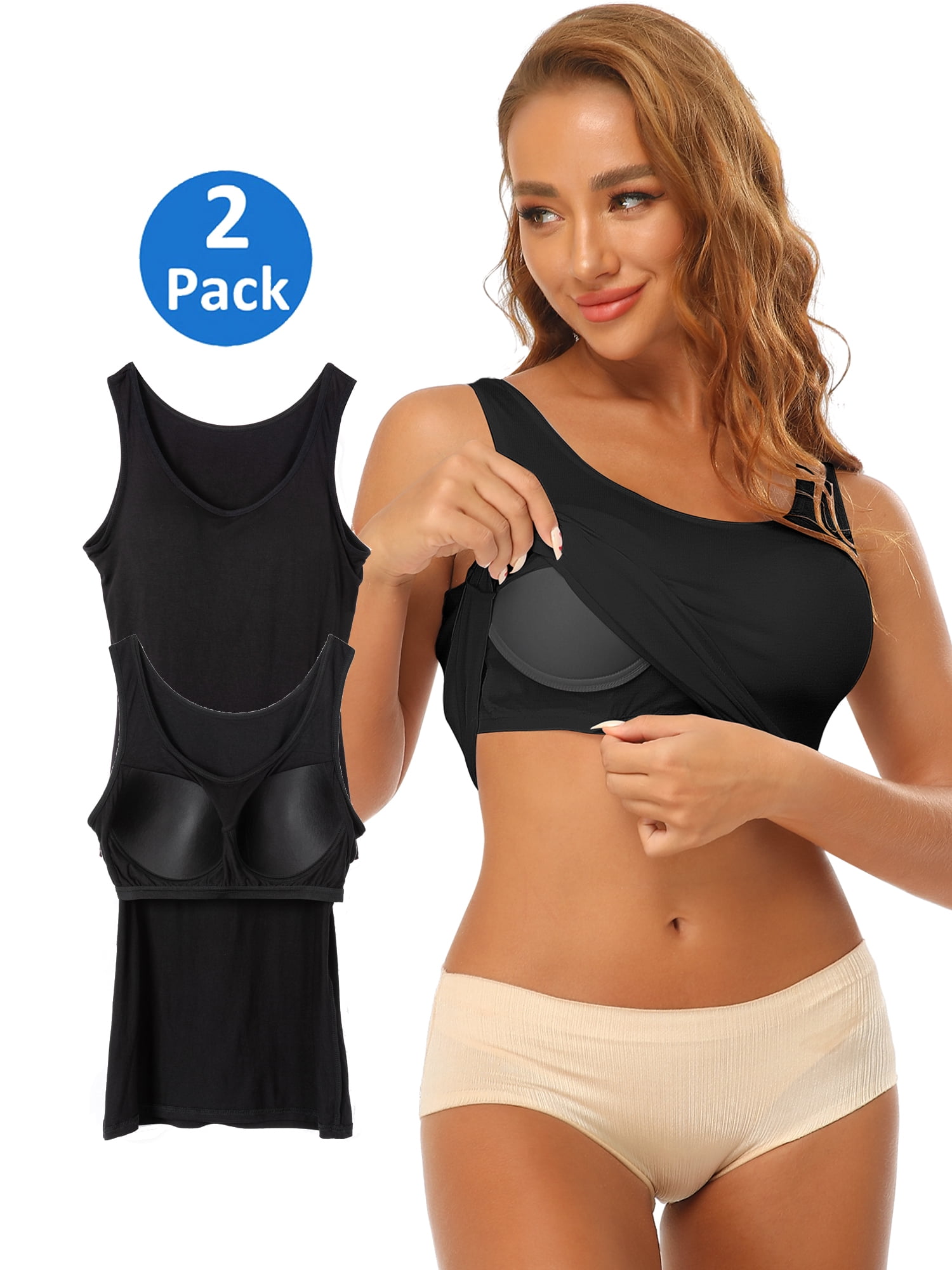 2 Pack Women's Camisole with Built in Bra Tank Tops for Layering