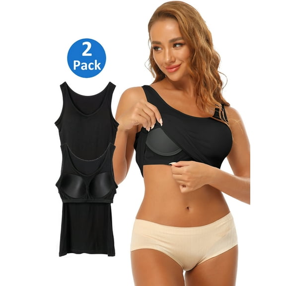 2 Pack Women's Camisole with Built in Bra Tank Tops for Layering Stretch Casual Undershirts Wider Strap