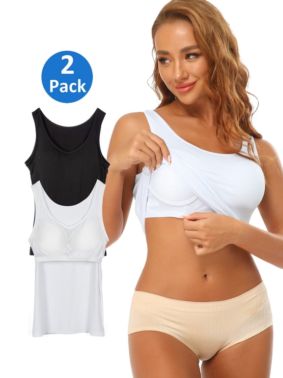 2 Pack Women's Camisole with Built in Bra Tank Tops for Layering Stretch Casual Undershirts Wider Strap