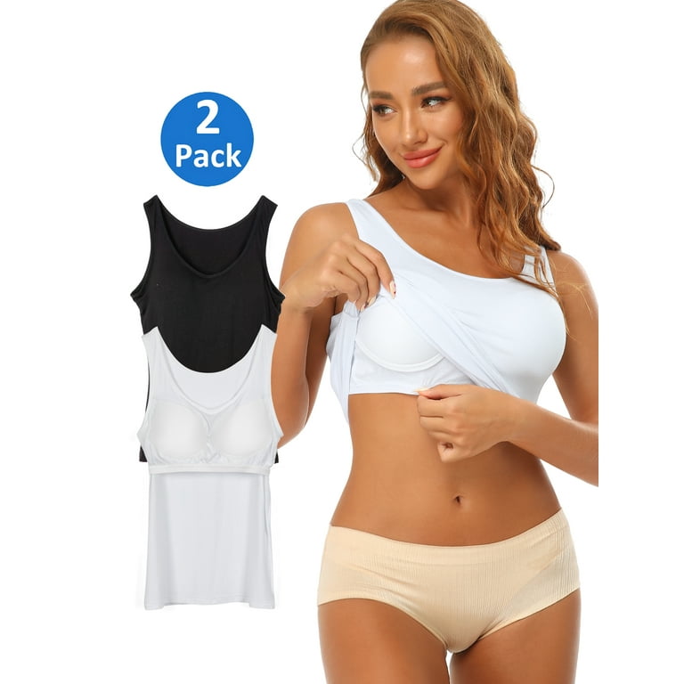2 Pack Women's Camisole with Built in Bra Tank Tops for Layering Stretch  Casual Undershirts Wider Strap 