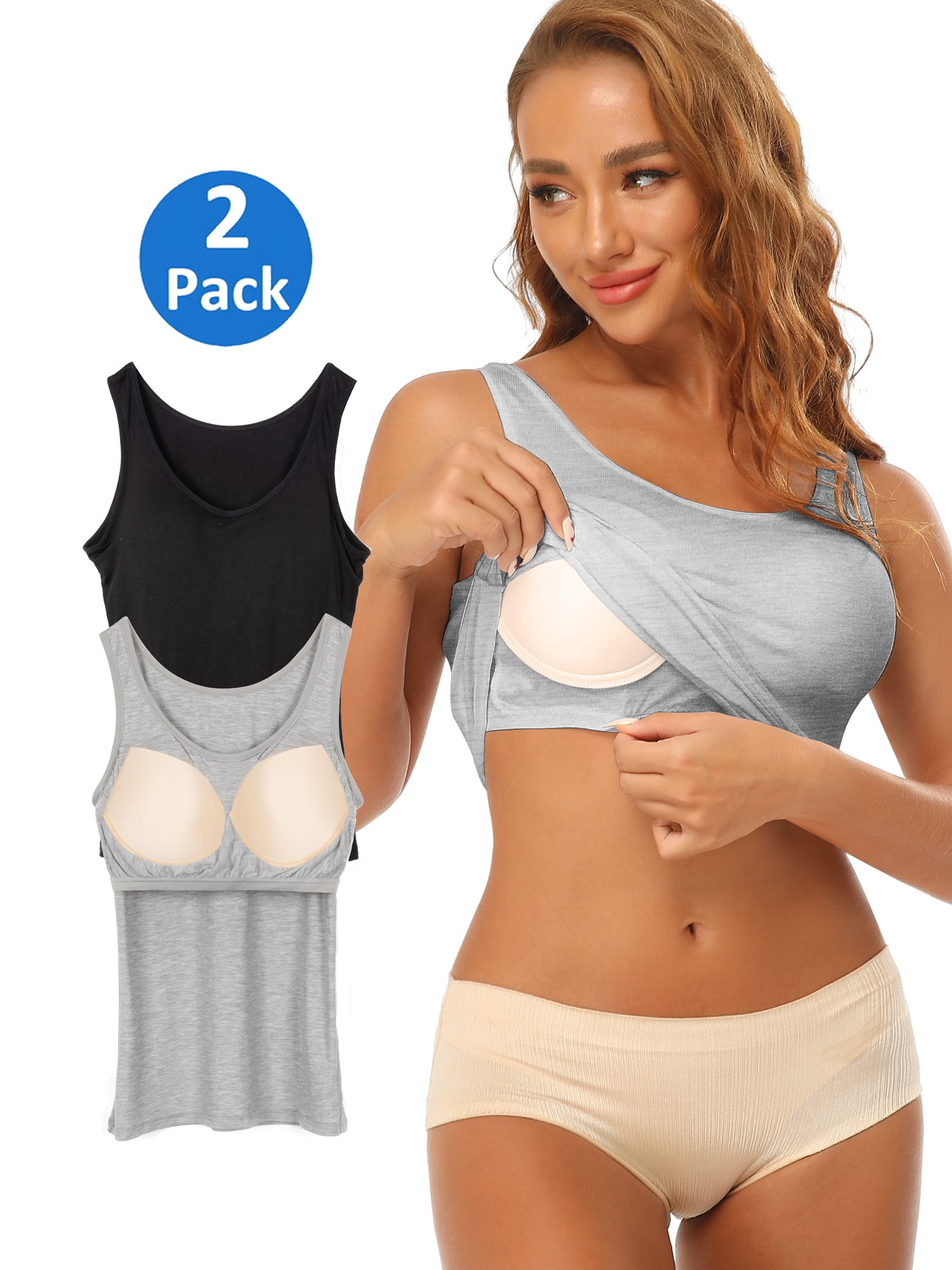 2 Pack Women's Camisole with Built in Bra Tank Tops for Layering