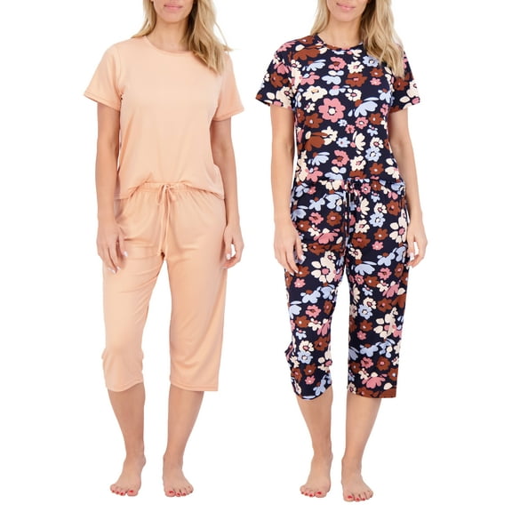 2 Pack: Women’s Cozy Short-Sleeve PJ Top with Capri Pants - Pajama Lounge & Sleepwear Set (Available In Plus)
