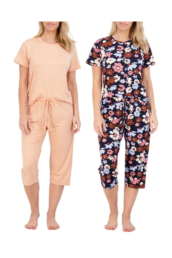 2 Pack: Women’s Cozy Short-Sleeve PJ Top with Capri Pants - Pajama Lounge & Sleepwear Set (Available In Plus)