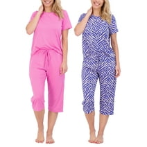 2 Pack: Women’s Cozy Short-Sleeve PJ Top with Capri Pants - Pajama Lounge & Sleepwear Set (Available In Plus)