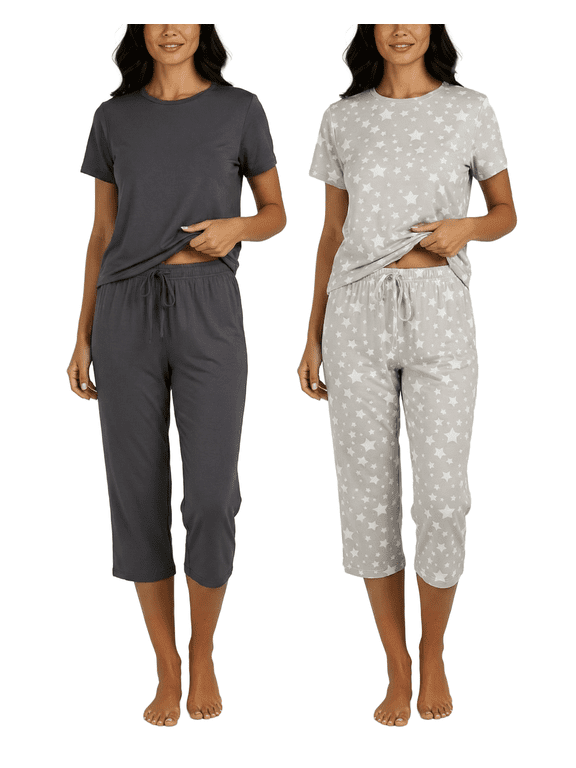 2 Pack: Womens Pajamas Short Sleeve Sleepwear Tops and Capri Pants Pjs Print Pajama Sets (Available In Plus)