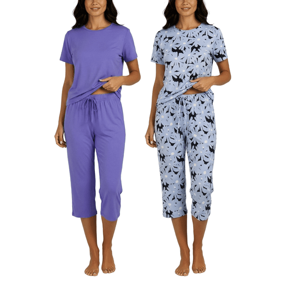 Real Essentials 2 Pack: Womens Pajamas Short Sleeve Sleepwear Tops and Capri Pants Pjs Print Pajama Sets (Available In Plus)
