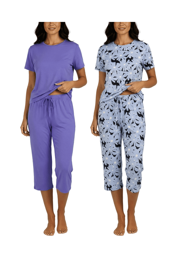 2 Pack: Womens Pajamas Short Sleeve Sleepwear Tops and Capri Pants Pjs Print Pajama Sets (Available In Plus)