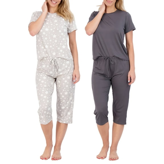 2 Pack: Women’s Cozy Short-Sleeve PJ Top with Capri Pants - Pajama Lounge & Sleepwear Set (Available In Plus)
