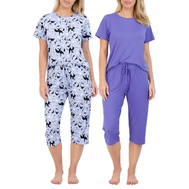 2 Pack Women’s Cozy ShortSleeve PJ Top with Capri Pants Pajama Lounge & Sleepwear Set