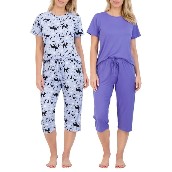 2 Pack: Women’s Cozy Short-Sleeve PJ Top with Capri Pants - Pajama Lounge & Sleepwear Set (Available In Plus)