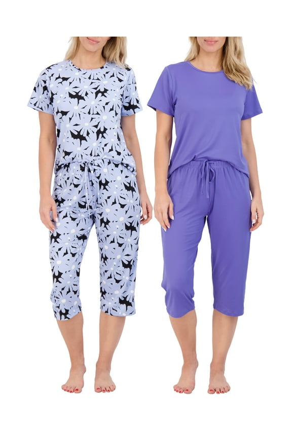 2 Pack: Women’s Cozy Short-Sleeve PJ Top with Capri Pants - Pajama Lounge & Sleepwear Set (Available In Plus)