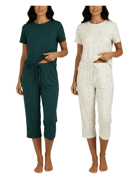 2 Pack: Womens Pajamas Short Sleeve Sleepwear Tops and Capri Pants Pjs Print Pajama Sets (Available In Plus)